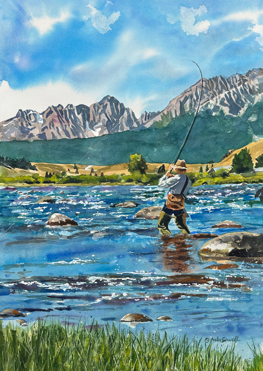 "Tight Lines" - an Original Watercolor Painting or Open Edition Print of a Fly-fisherman on Idaho's upper Salmon River.