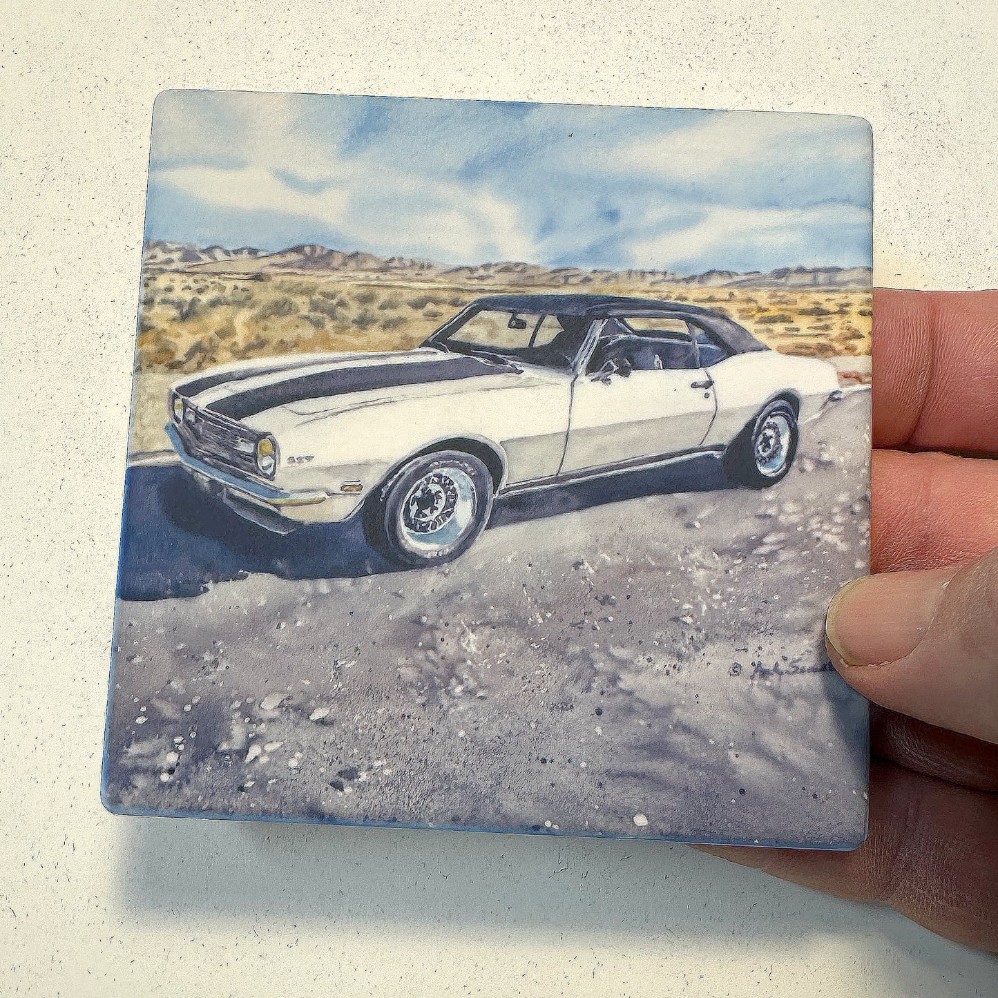 "Desert Camaro" - '1968 white Camaro" 11"x15" Giclee prints from Original Watercolor