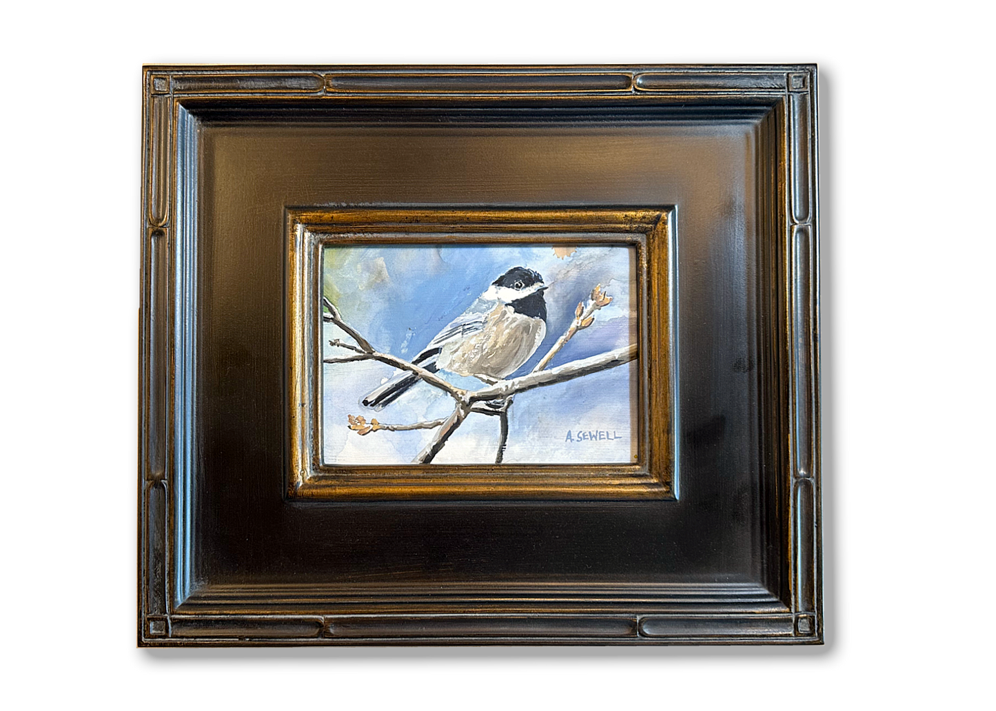 "Winter Chickadee"-  A 5x7 oil painting