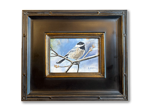 "Winter Chickadee"-  A 5x7 oil painting