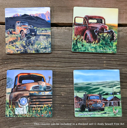 "Old Ford Trucks" themed coasters set of 4 - Sandstone feel, matte ceramic coaster set