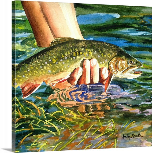 "Brookie Release" Original watercolor or ltd. ed. s/n Giclee Reprod. of Brook trout being released