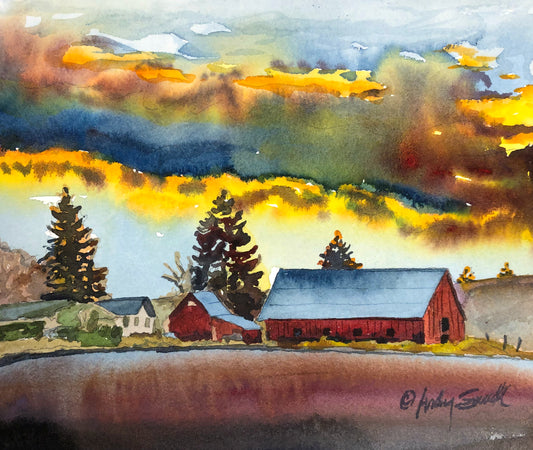 "Two Barns & a Storm" - 7"x8" Original watercolor or signed edition giclee art print from an original watercolor