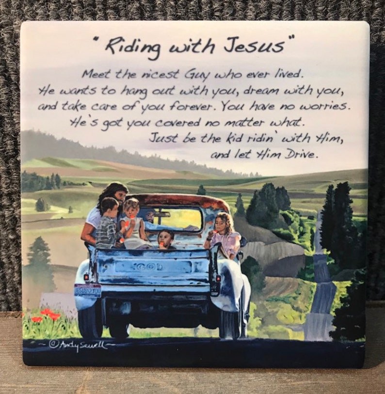 "Riding with Jesus" - 6x8" art tiles of Jesus with the kids.