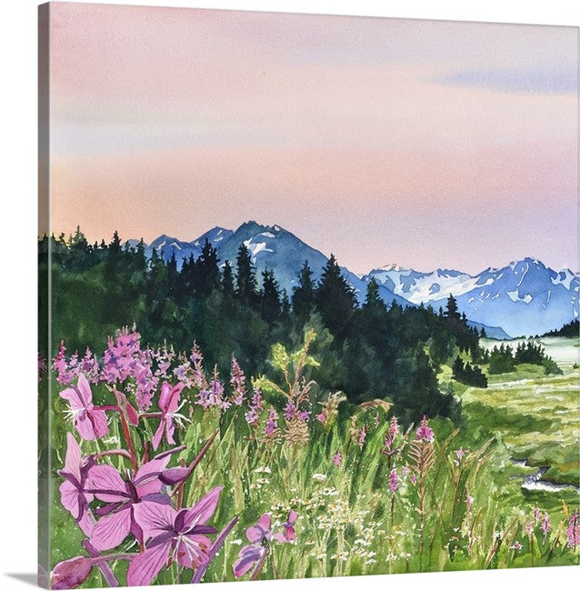 Summer Scene wall art Bright Mountain Alaska scenery Wall art artwork hot colorful display mountain hand rendered drawing birch river fireweed