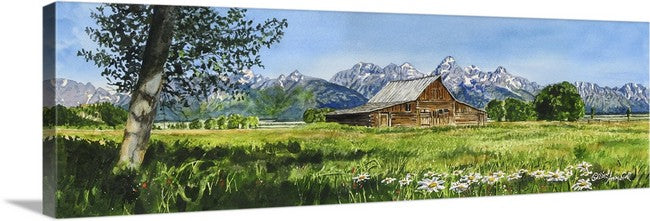 A "Teton Summer" - Canvas Giclée art print from a watercolor of the Classic barn in front of WY Tetons.