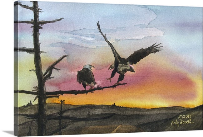 "Eagles Perch" - Original watercolor or prints of Eagles landing in the sunset