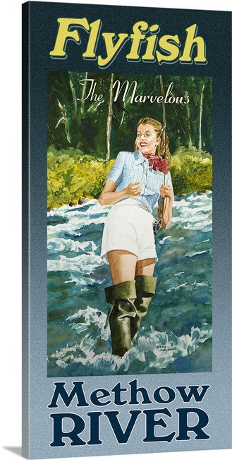 Vintage Look Fly Fishing Woman pin-up "Fish the Methow River" art print from Original watercolor