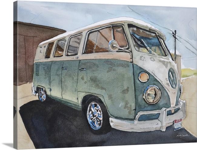 “Baja Blue Bus” An Original watercolor or a signed Giclee art print of old 23 window VW Bus
