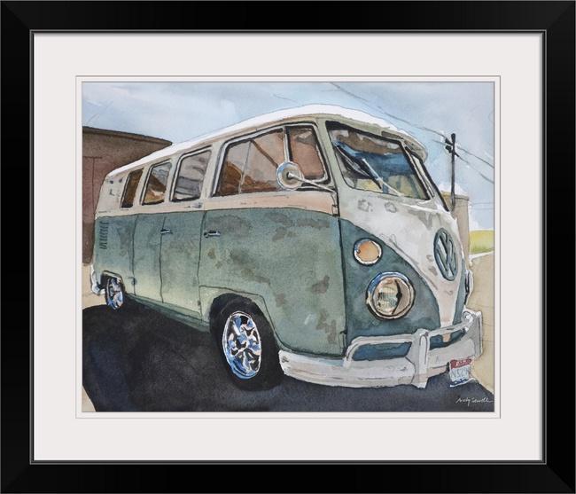 “Baja Blue Bus” An Original watercolor or a signed Giclee art print of old 23 window VW Bus