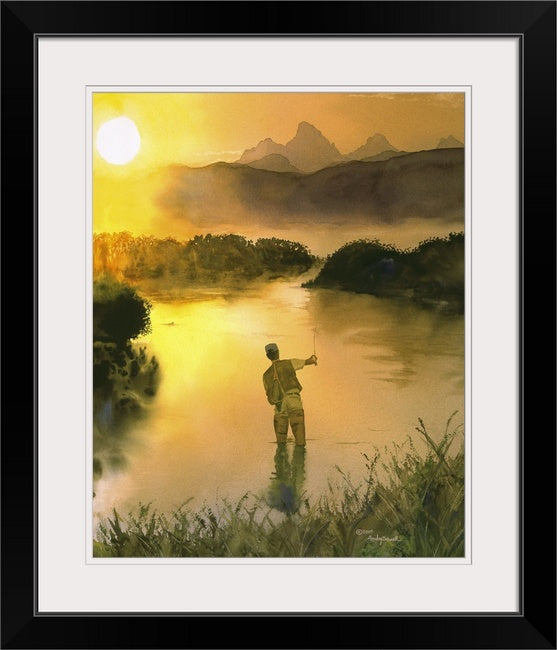 "Morning Cast" Sunrise in the Tetons, flyfisherman, Giclée reprod. from watercolor.