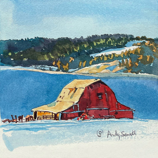"Red Barn Blue Snow" - 6"x6" Original watercolor or signed edition giclee art print from an original watercolor