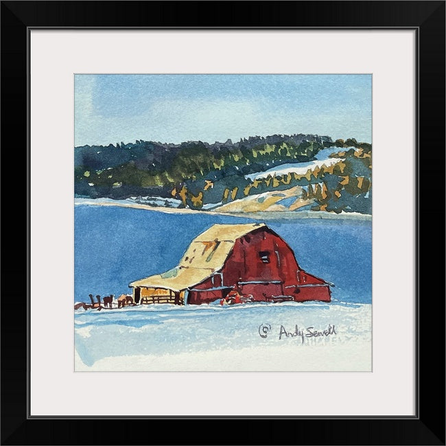 "Red Barn Blue Snow" - 6"x6" Original watercolor or signed edition giclee art print from an original watercolor