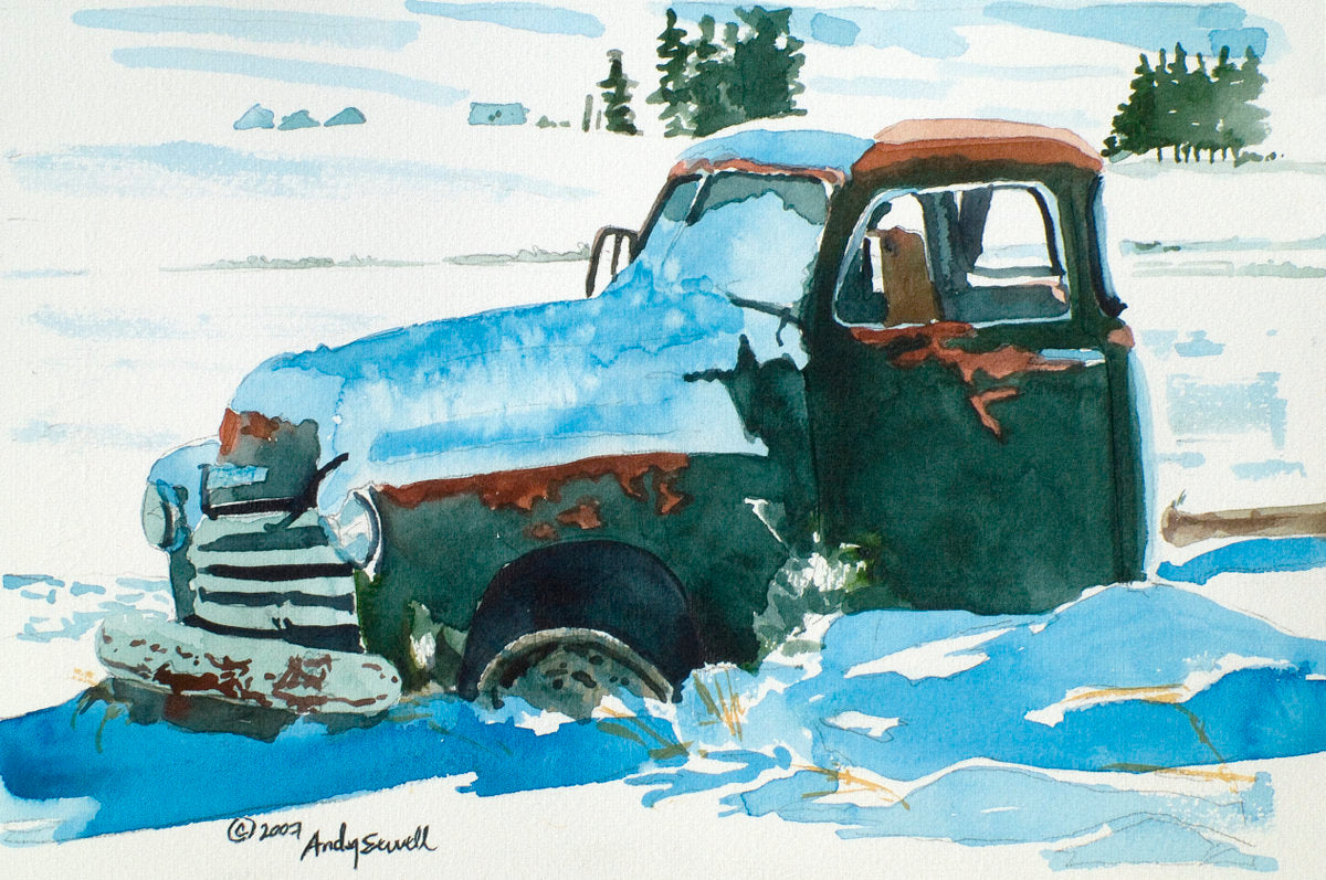 "Snowbound Chevy" Antique Chevy Truck Art Print - a signed edition canvas or paper print ready to hang from my watercolor