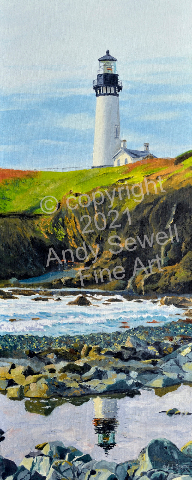 "Reflecting the Light- 12"x 30" Open ed. Giclee reprod. of Original oil painting of Yaquina Head Lighthouse reflecting - by Andy Sewell