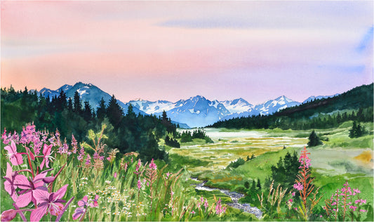 "Alaska Fireweed" - Alaska art print, signed Giclée art print  from a watercolor of Alaska & Fireweed