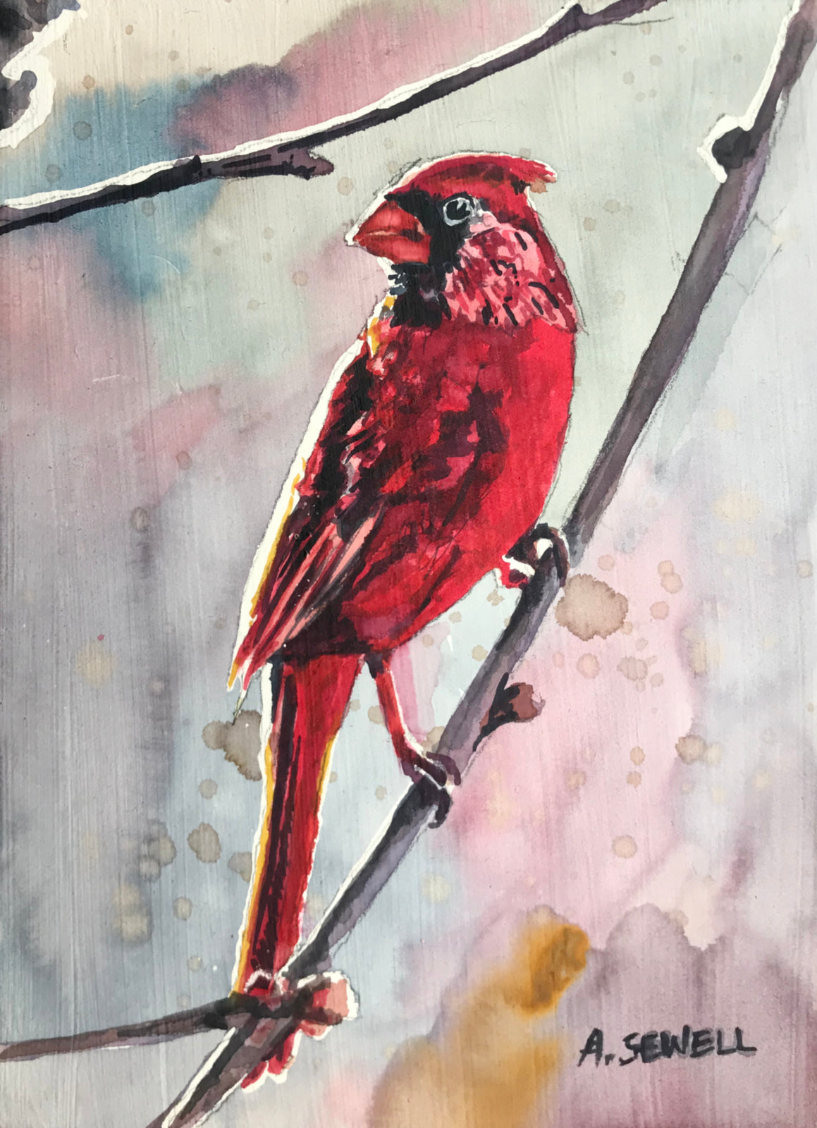 "Winter Cardinal" - Original watercolor of Cardinal on treated board.