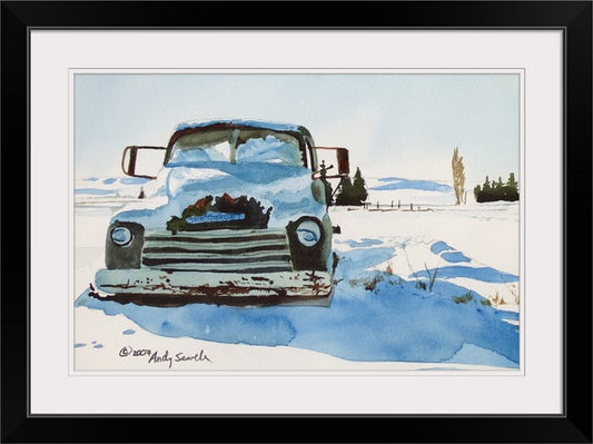 "Chevy in the Snow" Antique 5 Window Chevy Truck Art Print - a signed edition canvas or paper print ready to hang from my watercolor