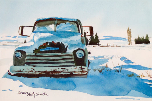 "Chevy in the Snow" Antique 5 Window Chevy Truck Art Print - a signed edition canvas or paper print ready to hang from my watercolor