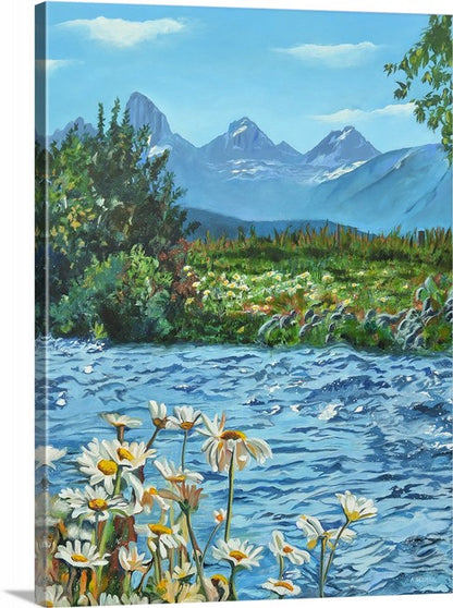 "Daisies in the Tetons" - 48"x60" Canvas Giclée art print of oil painting of Idaho Daisies in the Tetons.