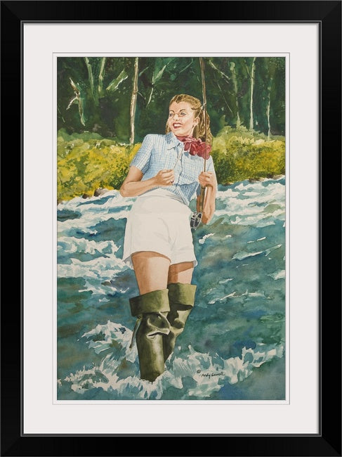Fly fishing pinup -  Vintage fly fishing art print from watercolor, fishing pinup wall art by Andy Sewell