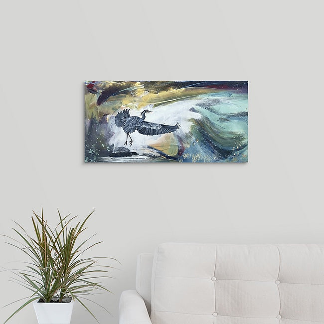 "Heron Take off" - 11"x22" canvas or paper Giclée art print from an oil painting