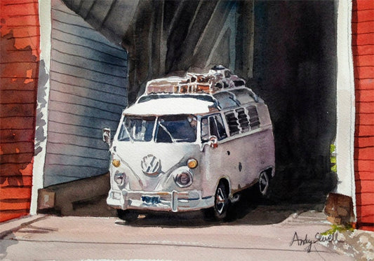 Vintage VW Bus Art Print - a limited edition s/n giclee art print from an original watercolor of a VW Bus - by Andy Sewell