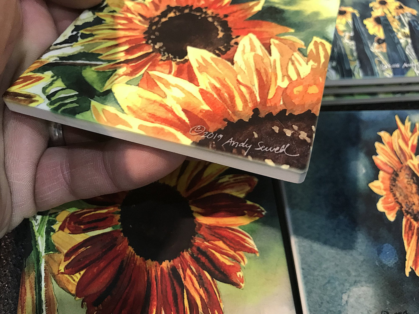 Sunflower art theme coasters set of 4 - Sandstone feel, matte ceramic coaster set