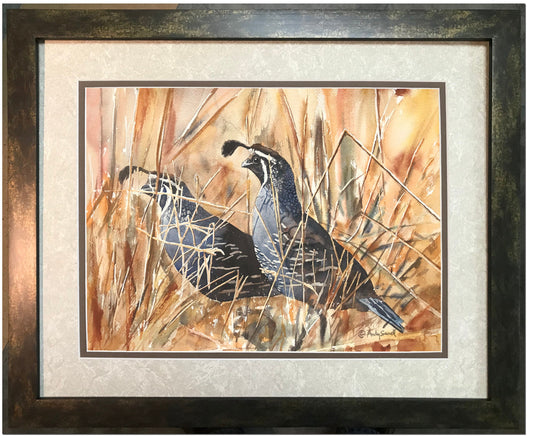 "QUAIL in the GRASS" art print - An Original or a ltd. edition s/n Giclee watercolor print of California quail art - by Andy Sewell