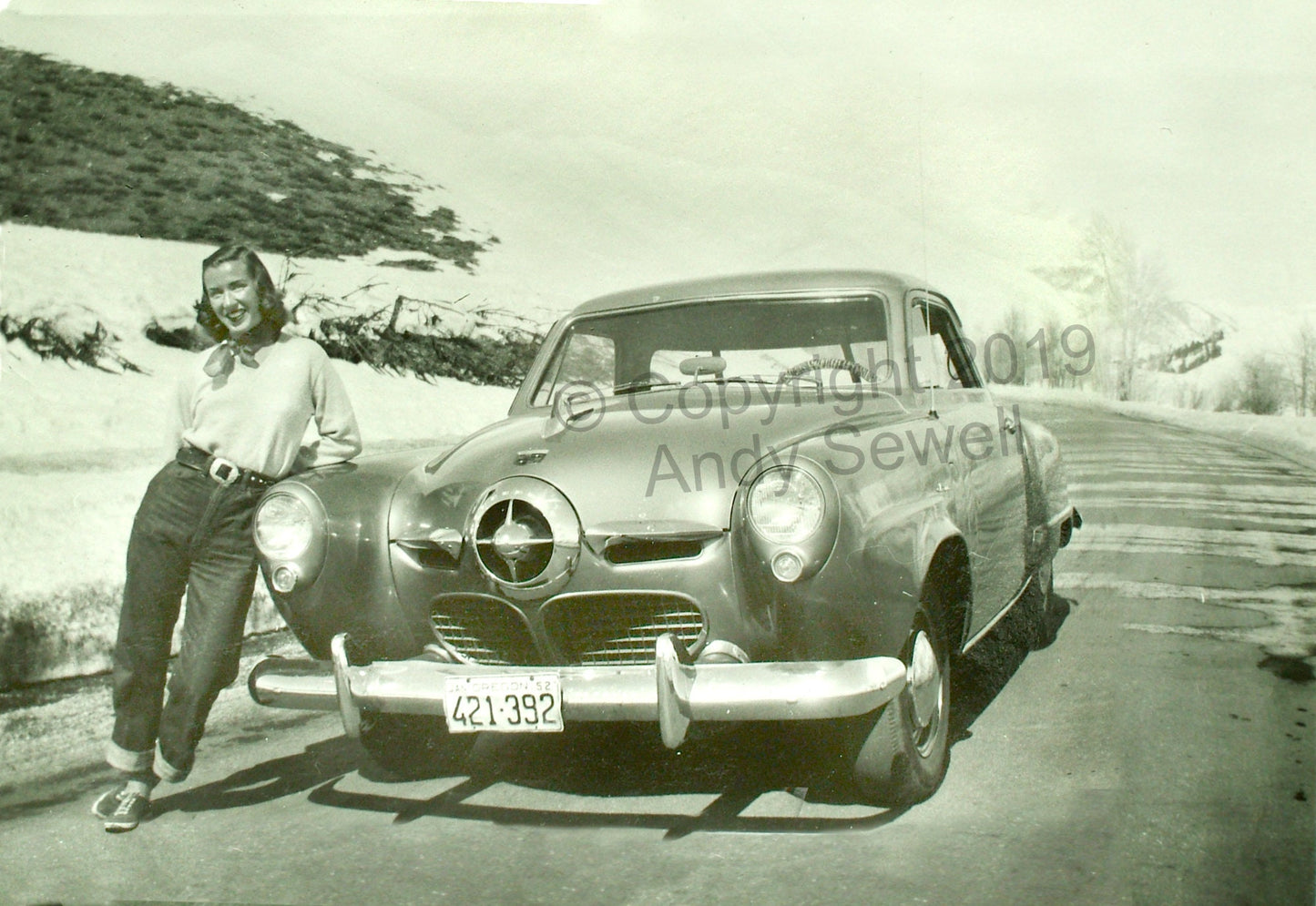 "Mary Jo & the Sun Valley Studebaker" - Open edition, Giclée of Original oil painting of my Mama with her sports car!