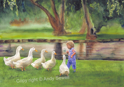 "Lunch Line" art print - A ltd. edition s/n Giclee watercolor print of young child feeding white ducks - by Andy Sewell