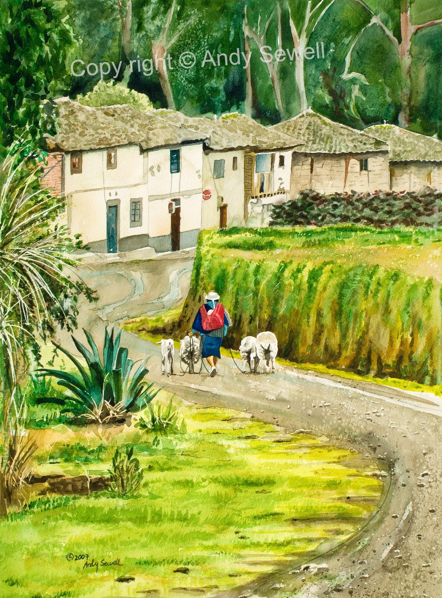 "Caring for the Sheep" art print - a signed giclee watercolor print of young mother from ecuador.
