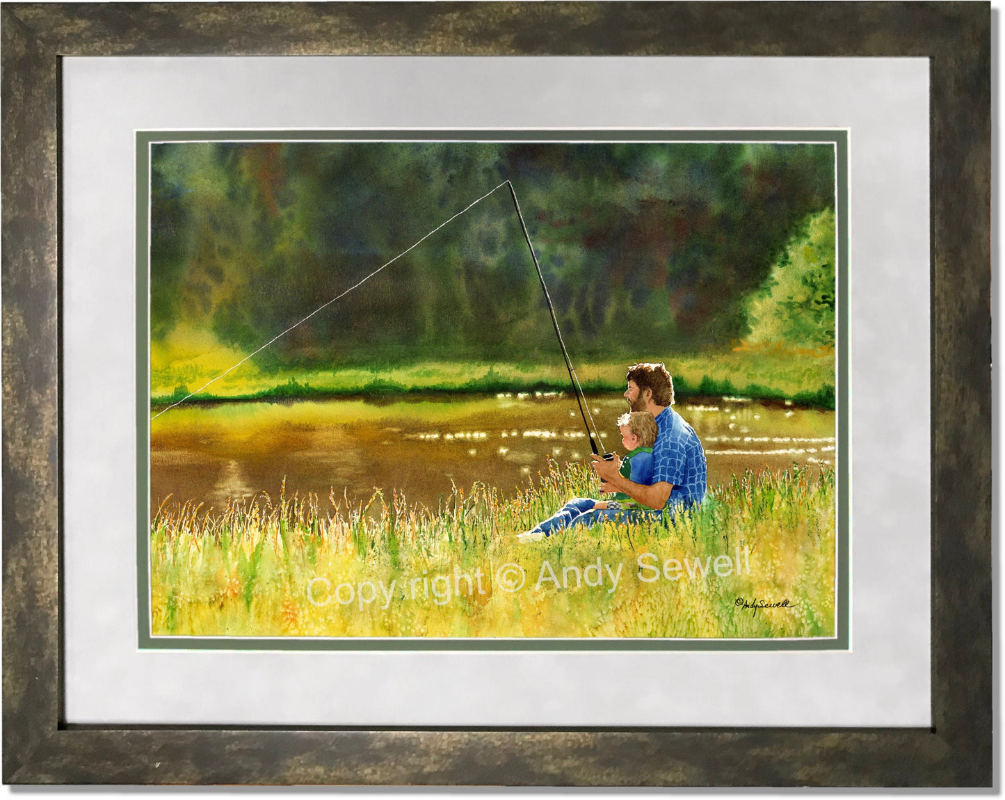 "First Fish" 20x32 art print - a ltd. edition s/n giclee watercolor print of my son fishing with me!