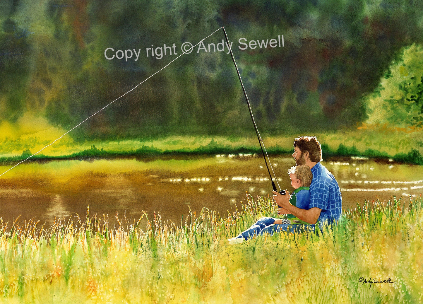 "First Fish" 20x32 art print - a ltd. edition s/n giclee watercolor print of my son fishing with me!