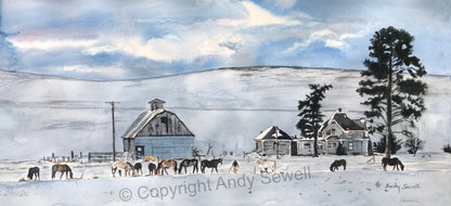 "Winter Chores" - A signed Giclee art print of horses, chores and barns in the winter - by Andy Sewell