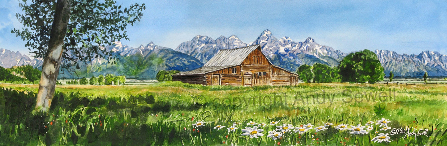 A "Teton Summer" - Canvas Giclée art print from a watercolor of the Classic barn in front of WY Tetons.