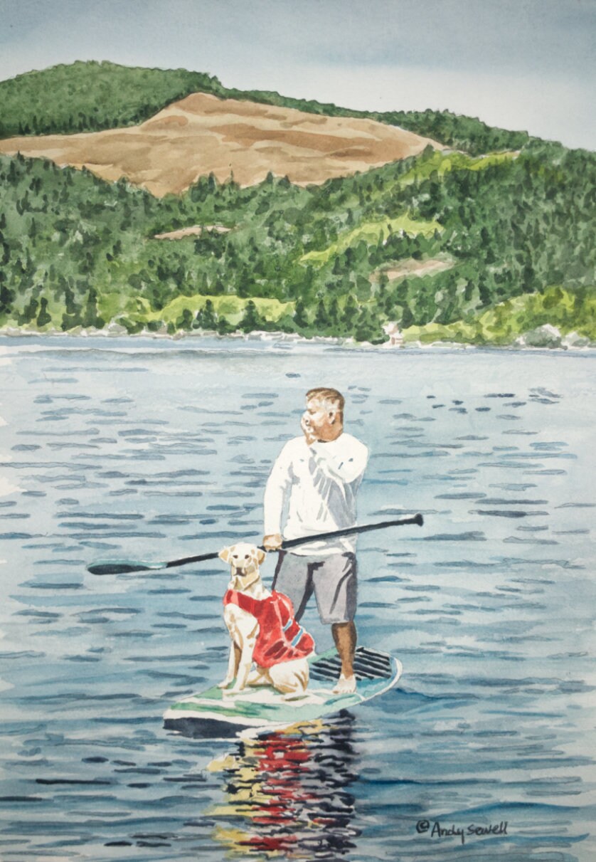 "Mark and Bailey" - A Giclee reprod. watercolor painting commission of paddle boarder with Dog on a Lake - Andy Sewell