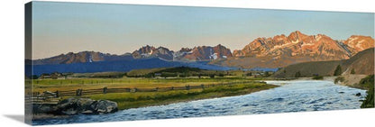 "Salmon River Sunrise" - 58"x19" Canvas or Paper Giclée art print from oil painting of Idaho's Salmon River and Sawtooth Mtn. Backdrop.