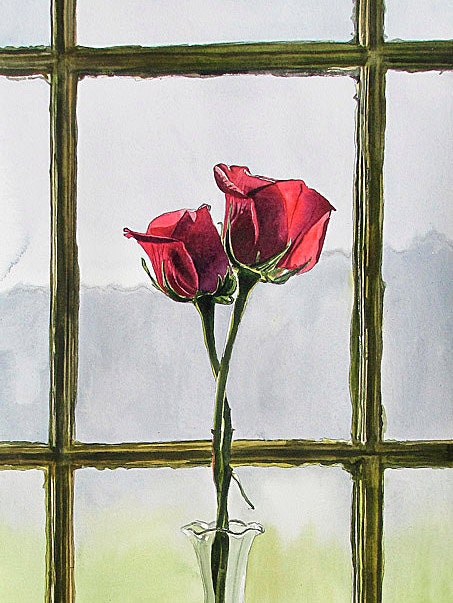 "Intimate Pair" - 11x30 a limited edition s/n giclee art print from an original watercolor of two red roses entwined in a vase.