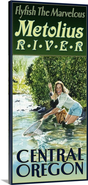 "Fish The Metolius" Vintage Look Fly Fishing Pin-Up Poster/Print from Original watercolor