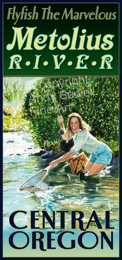 "Fish The Metolius" Vintage Look Fly Fishing Pin-Up Poster/Print from Original watercolor