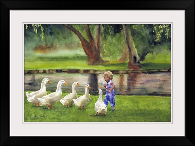 "Lunch Line" art print - A ltd. edition s/n Giclee watercolor print of young child feeding white ducks - by Andy Sewell