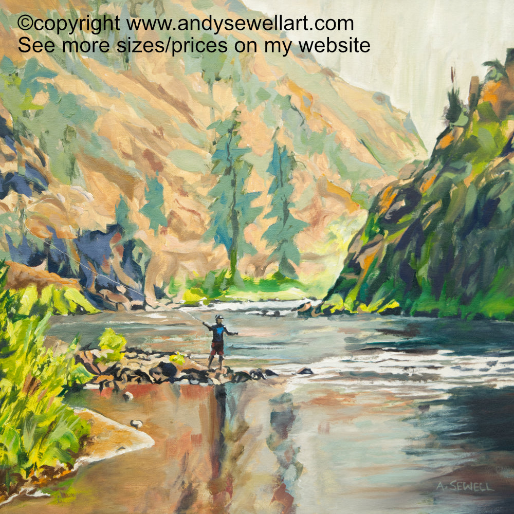 "Big River Long Casts" - an Open Edition Print of a Fly-fisherman on Idaho's Middlefork Salmon River.