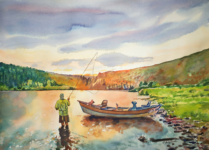 "Sunset Drift" - 16x22 Original watercolor or Giclee reprod. from a great river in Idaho