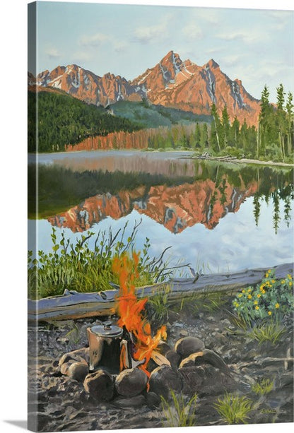 "Sawtooth Morning Brew" - 32"x48" Signed Canvas Giclée art print of oil painting of Idaho's Sawtooth Mtns. at Stanley Lake.