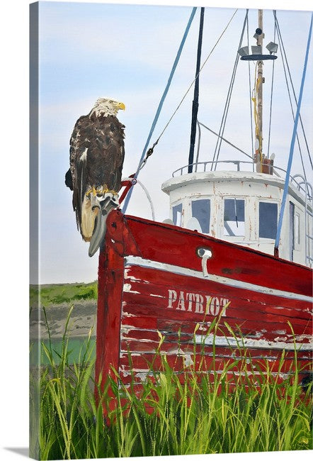 Eagle on old Alaskan boat “The Patriot” - 48x30" Original oil or signed Giclée of Bald Eagle perched on old fishing boat in Alaska