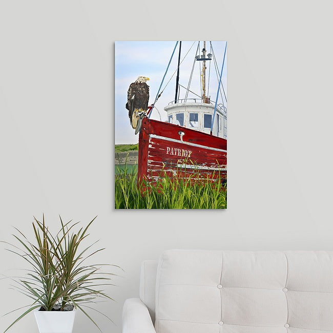 Eagle on old Alaskan boat “The Patriot” - 48x30" Original oil or signed Giclée of Bald Eagle perched on old fishing boat in Alaska