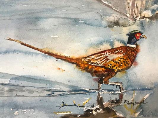 "Pheasant Splashes" - A signed edition Giclee watercolor print of Ringneck Pheasant