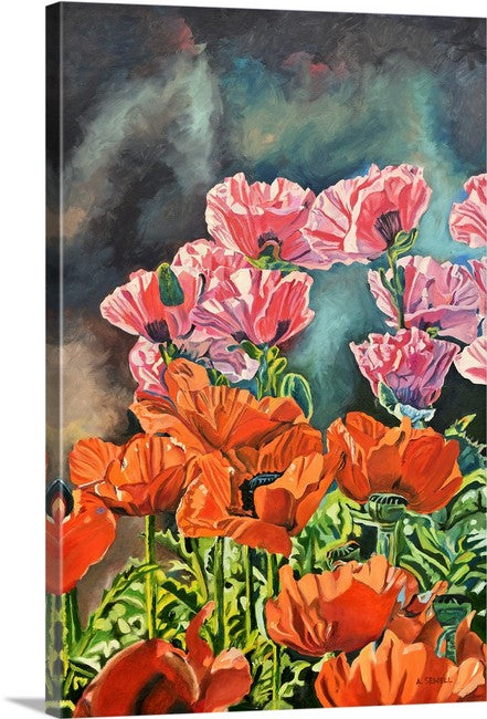 "Poppy Garden" - 24x36" Original oil painting or open edition, Giclée of salmon & orange poppies