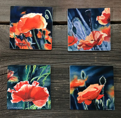 "Garden Poppies" themed coaster sets: 2 options, see below.